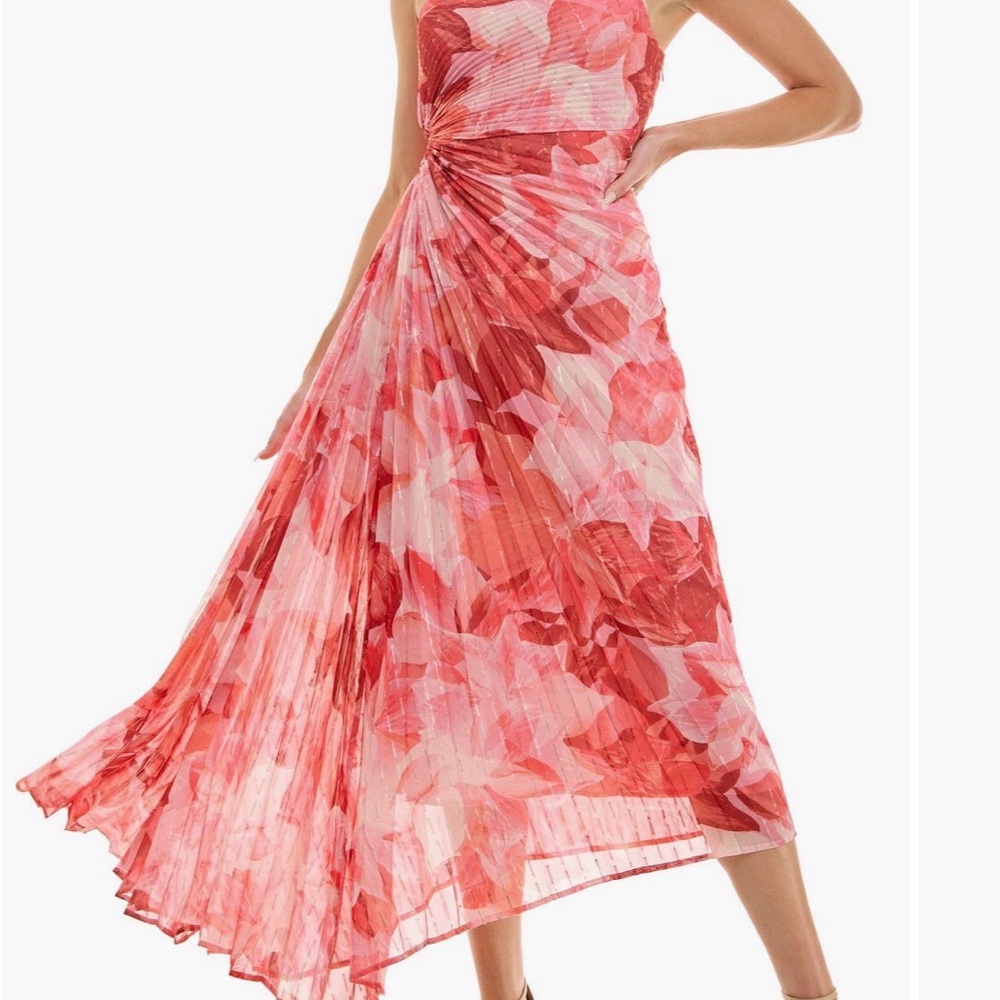 One Shoulder Floral Pink Pleated Midi Dress with Key Hole by Socialite